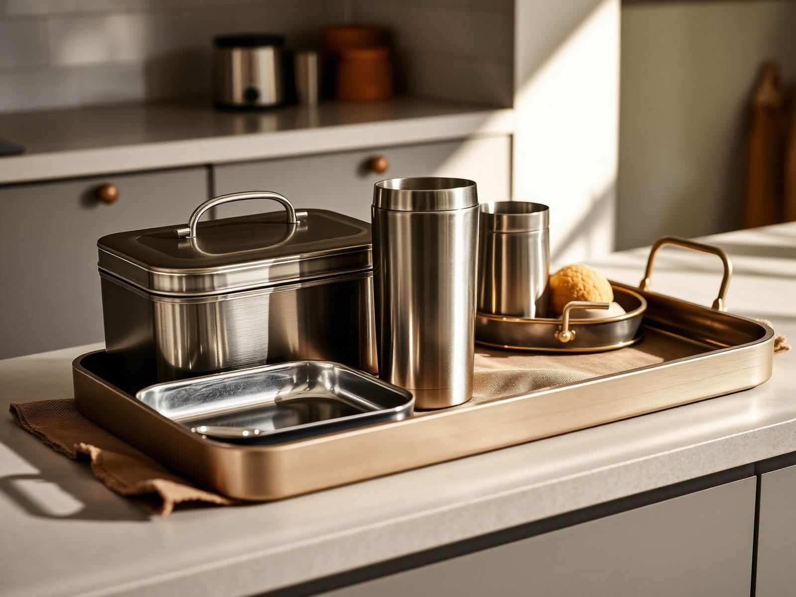 ZYVANTA launch collection: stainless lunch box, tumbler and brushed steel tray on a warm kitchen counter
